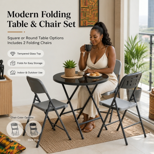 ⏰️【Limited-time gift offer】Metal frame stainless steel glass folding square/round table, with two chairs