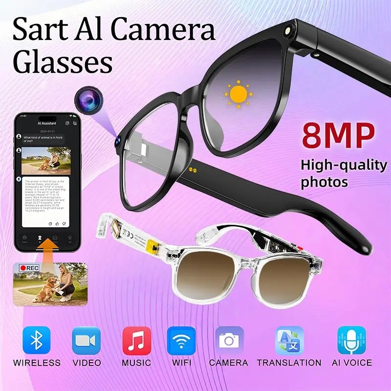 2026 New Model Smart AI Camera Glasses with 8MP Photochromic Lenses ,Button Touch Adjustment for Travel Outdoor Adventures Hands-Free Photography