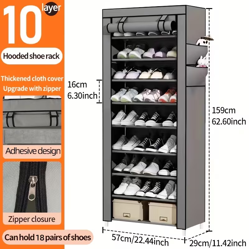 10-tier floor-standing shoe rack, sturdy and durable, stackable, with dust cover