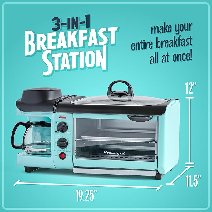 Nostalgia 3 in 1 Breakfast Station Coffee Maker Griddle Toaster Oven Combo