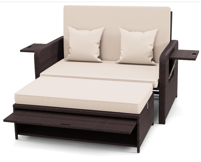 Tangkula Patio Rattan Daybed Set with Cushioned Loveseat and Storage Ottoman