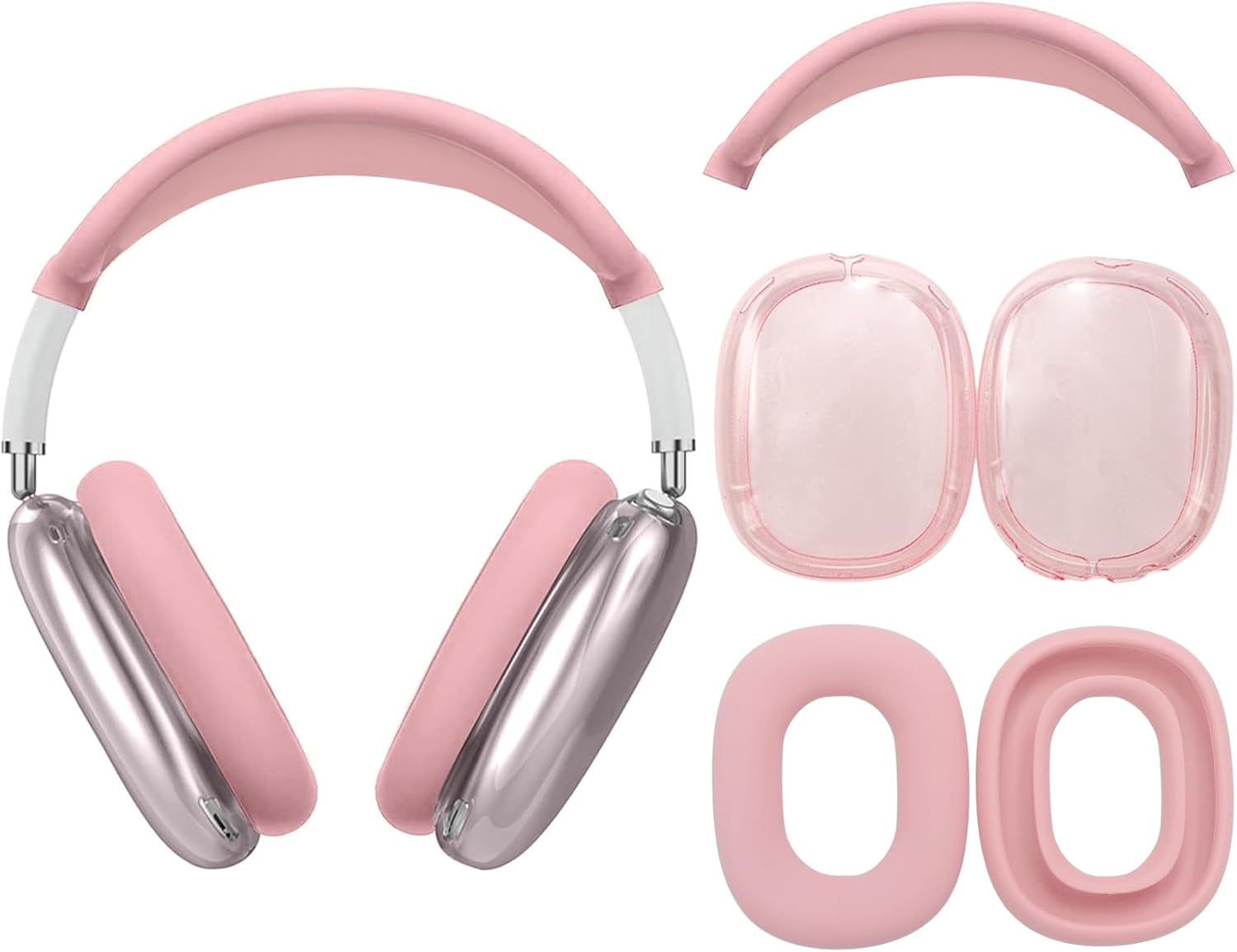 3 in 1 Silicone Case Cover Compatible with Apple Airpods Max Headphones, Clear Soft TPU Ear Cups Cover/Silicone Ear Pad Case Cover/Headband Cover Compatible with Apple Airpods Max (Clear Pink)