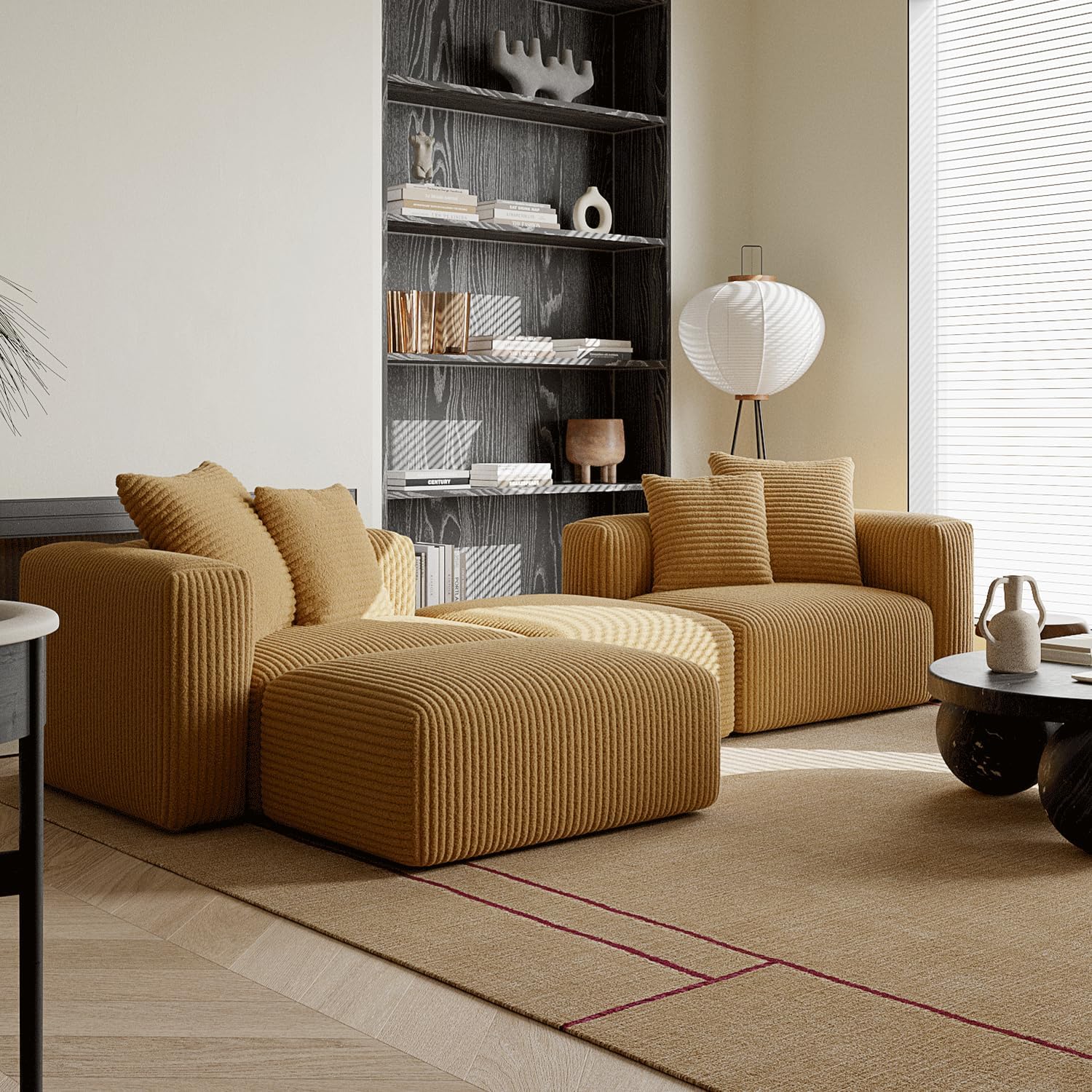 🔥 Acanva Convertible Modular Sectional Sofa with Movable Ottomans, Free Combination Corduroy Couch for Living Room Apartments, L-Shaped, White