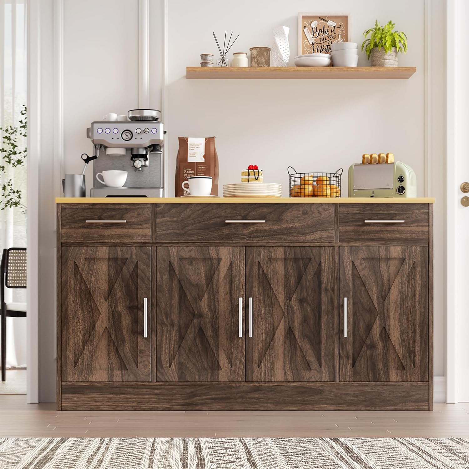 Vongrasig Armario grande de 53 pies con 4 puertas y 3 cajones, mesa de buffet de granja, gabinete de almacenamiento de cocina, mesa de buffet de madera para cocina, comedor