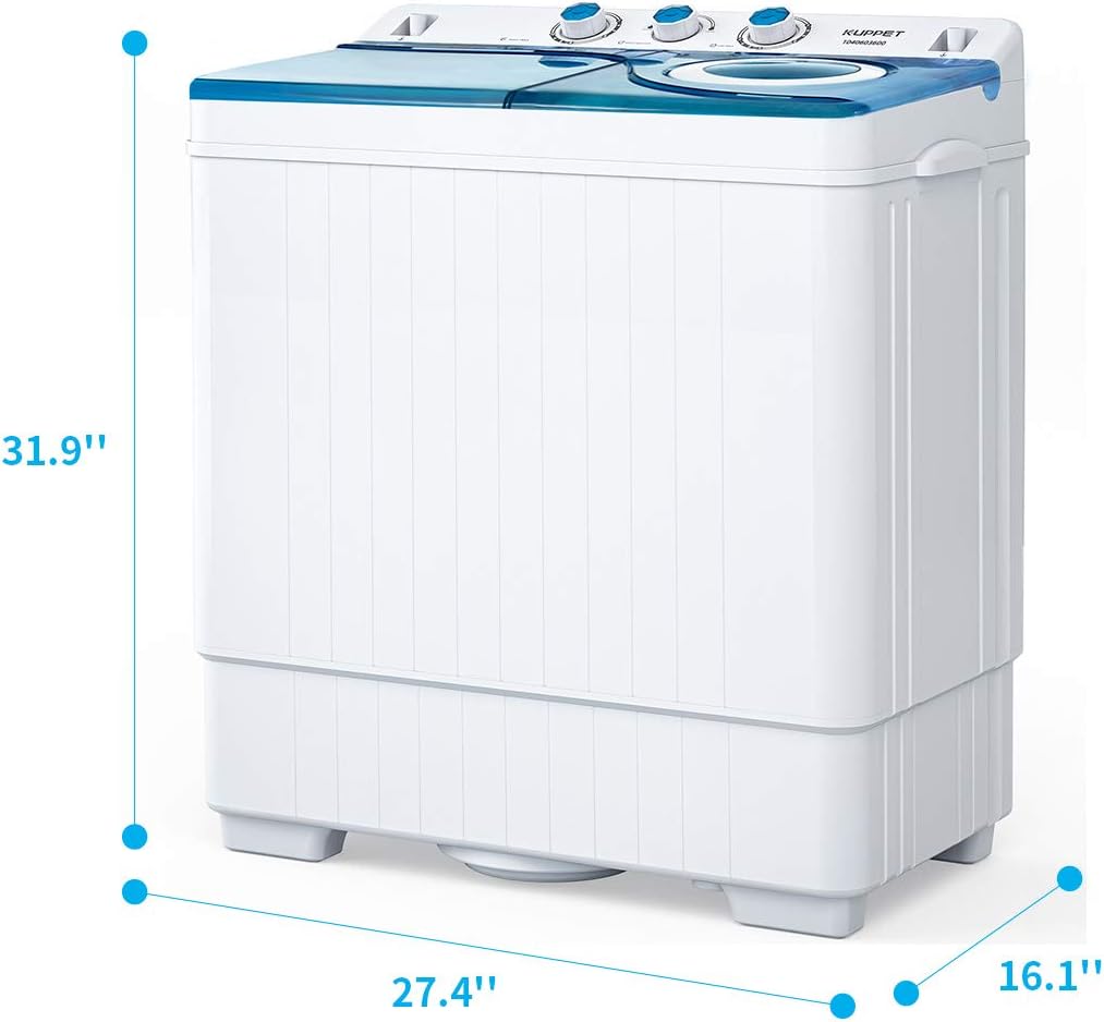 📣【Limited time offer】KUPPET Compact Twin Tub Portable Mini Washing Machine 26lbs Capacity, Washer(18lbs)&Spiner(8lbs)/Built-in Drain Pump/Semi-Automatic (White&Blue)
