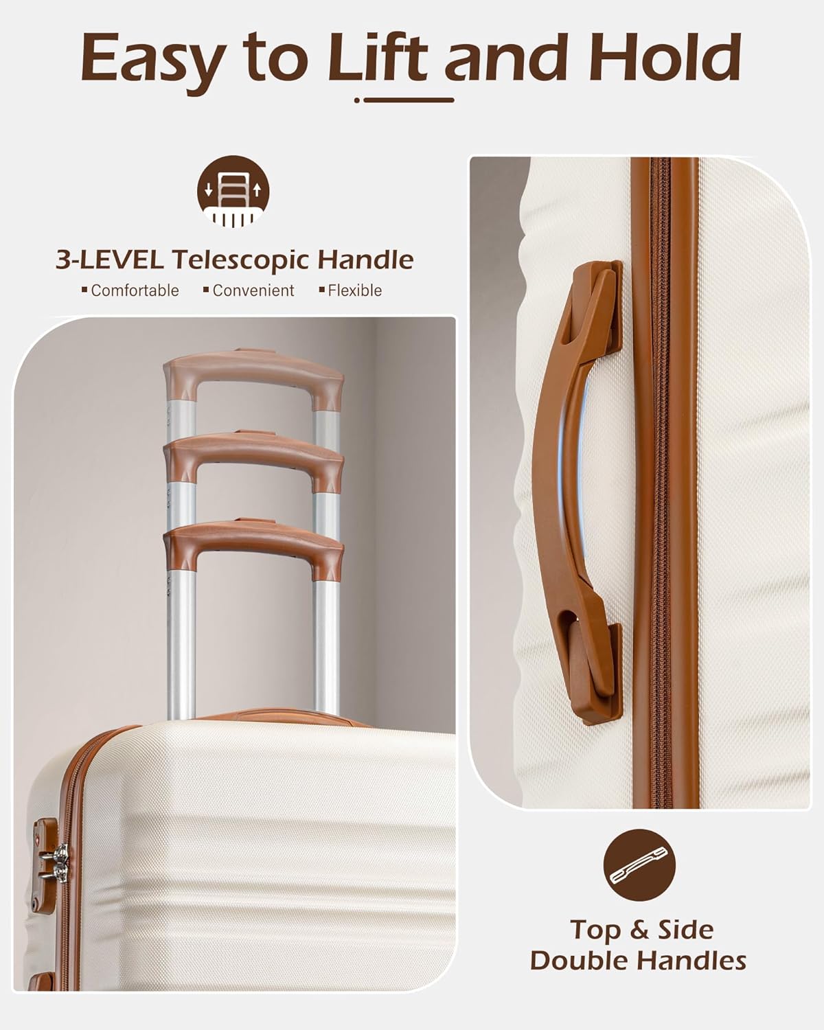 （Buy 1 Get 1 Free）LONG VACATION 6 Piece Luggage Set Carry on Suitcase with ABS+PC hardshell, Spinner Wheels & YKK Zipper TSA Lock (WHITE-BROWN, 6 piece set)