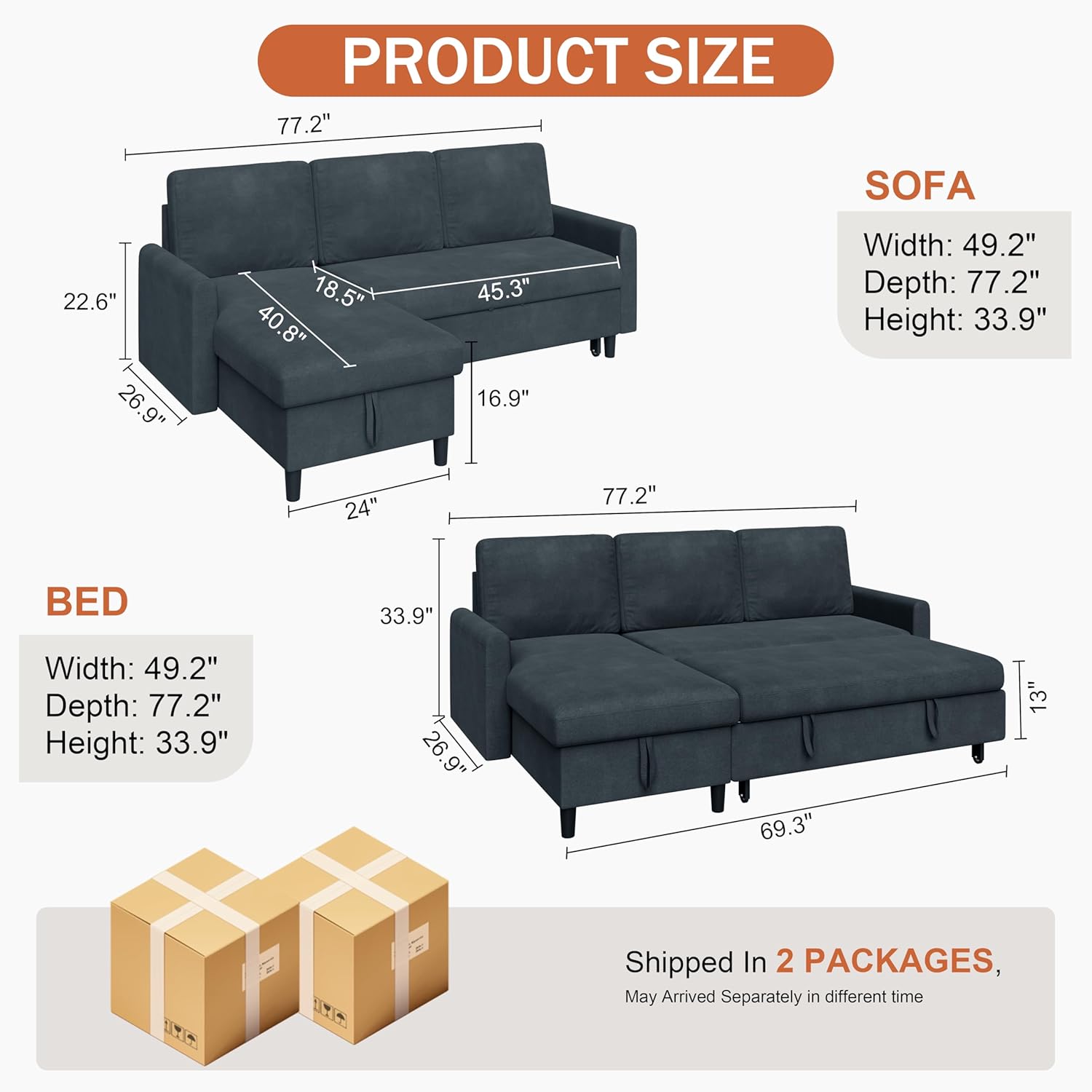 🎉Recommended Products🎉Vongrasig Sectional Sleeper Sofa, Pull Out Couch Bed with Storage, 2 in 1 L-Shaped Sofa Bed with Storage Chaise Linen Fabric for Living Room, Apartment, Small Space, Dark Grey