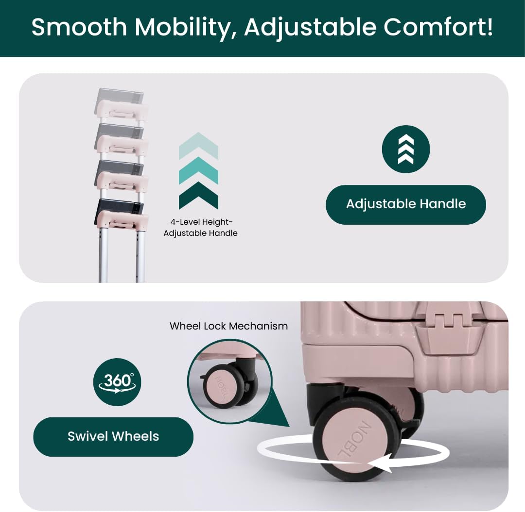 🔥【Buy 1 Get 1 Free】Nobl Travel Carry On Luggage, Noble Zipperless Aluminum Frame PC Hard Shell Suitcase, 22.5x15x9.5 Airline Approved, 360° Spinner Wheels, TSA Locks, USB Charging Port, Cup & Phone Holder - Pink