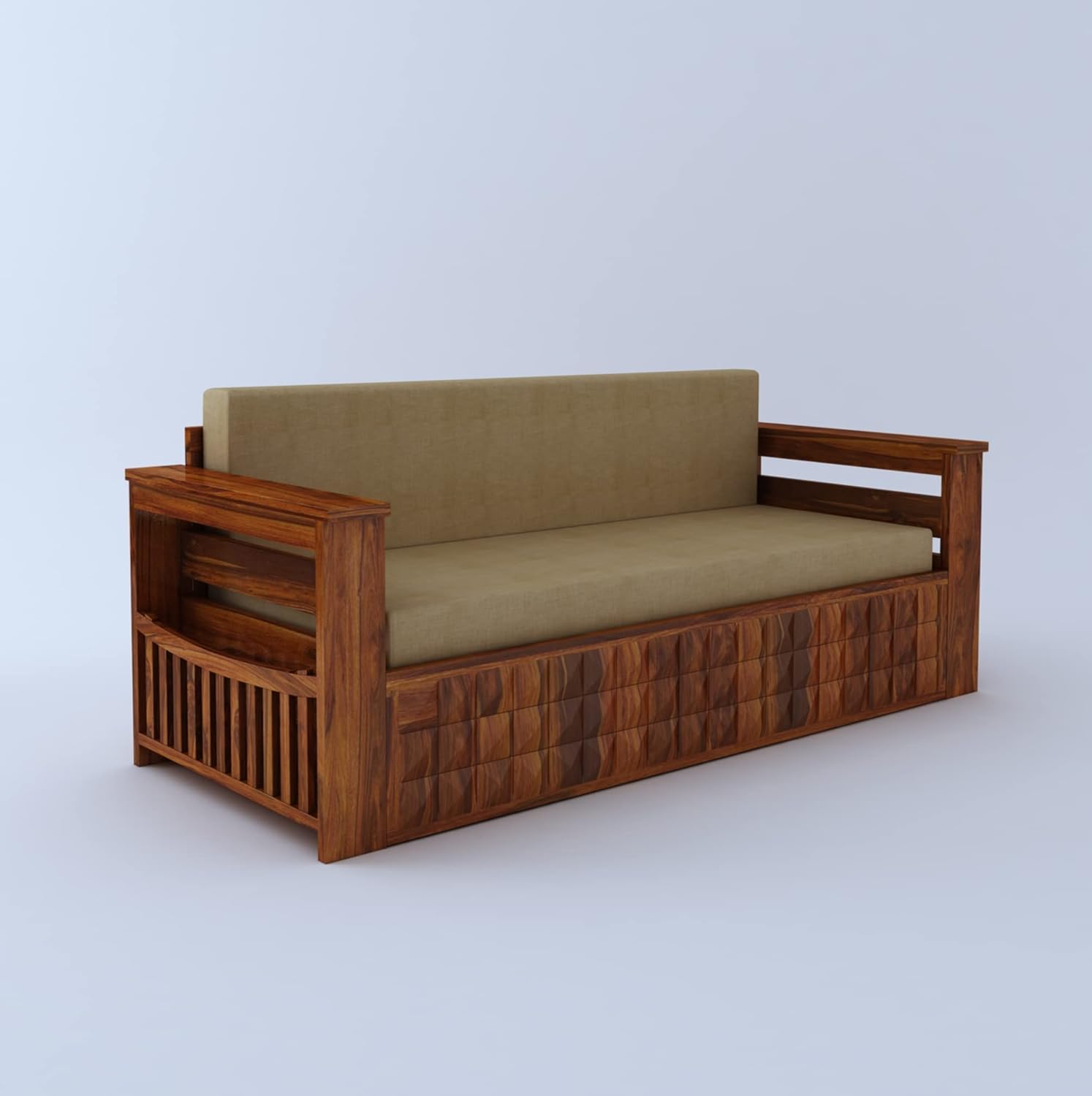 Ganpati Arts Sheesham Wood Diamond 3 Seater Sofa Cum Bed With Floral Fabric&Side Pocket For Bedroom Wooden Bedroom Furniture For Home Living Room(Natural Finish)1 Year Warranty,Brown