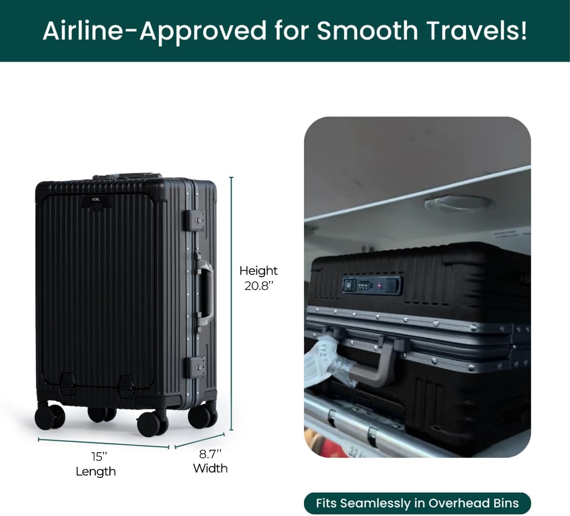 🔥【Buy 1 Get 1 Free】Nobl Travel Carry On Luggage, Noble Zipperless Aluminum Frame PC Hard Shell Suitcase, 22.5x15x9.5 Airline Approved, 360° Spinner Wheels, TSA Locks, USB Charging Port, Cup & Phone Holder - Pink