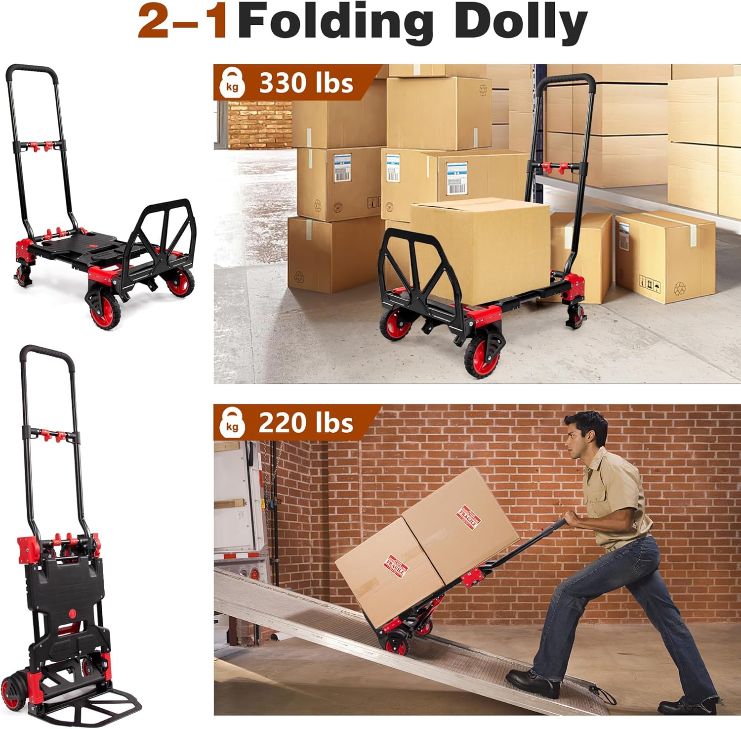【Buy 1 Get 1 Free】2 in 1 Folding Hand Truck Dolly with Basket,330LBS Capacity Hand Cart Foldable,Hand Truck Foldable with Retractable Handle,Folding Dolly Cart with Wheels for Moving
