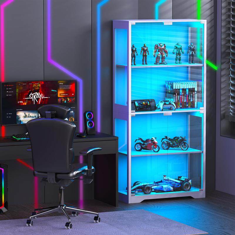 🎉Last day factory direct sales🔥Display Cabinet with Glass Doors, Storage Cabinet with 3 Color Light, 4-Tier Curio Cabinet Bookcase for Collectibles, Toys, Books, for Playroom, Bedroom, Study Room