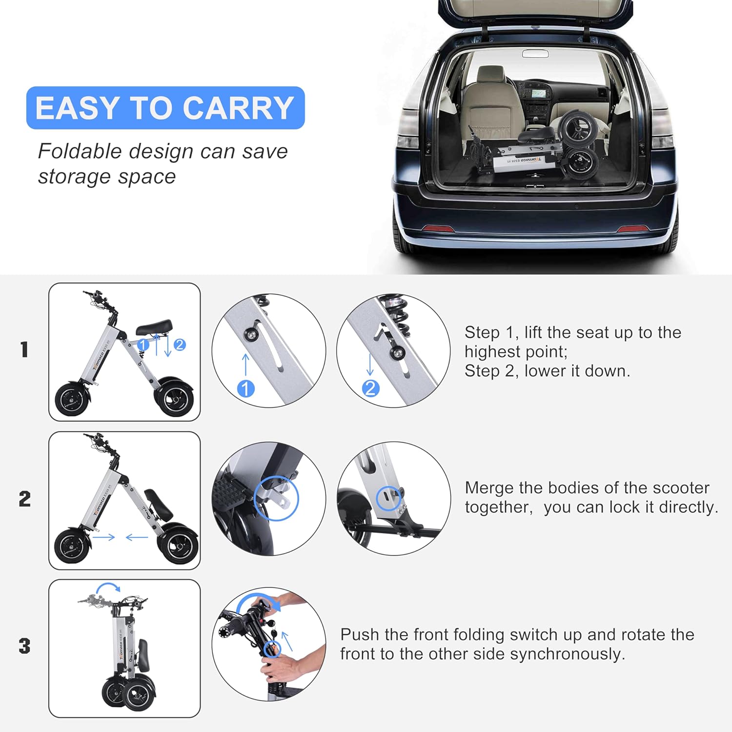 TopMate ES35 Powered Electric Scooter 3 Wheels Foldable Trike with Seat for Adults, Lightweight Electric Scooter with Removable 36V 7.8AH Battery, Reverse Function & Key Switch for Commute and Travel