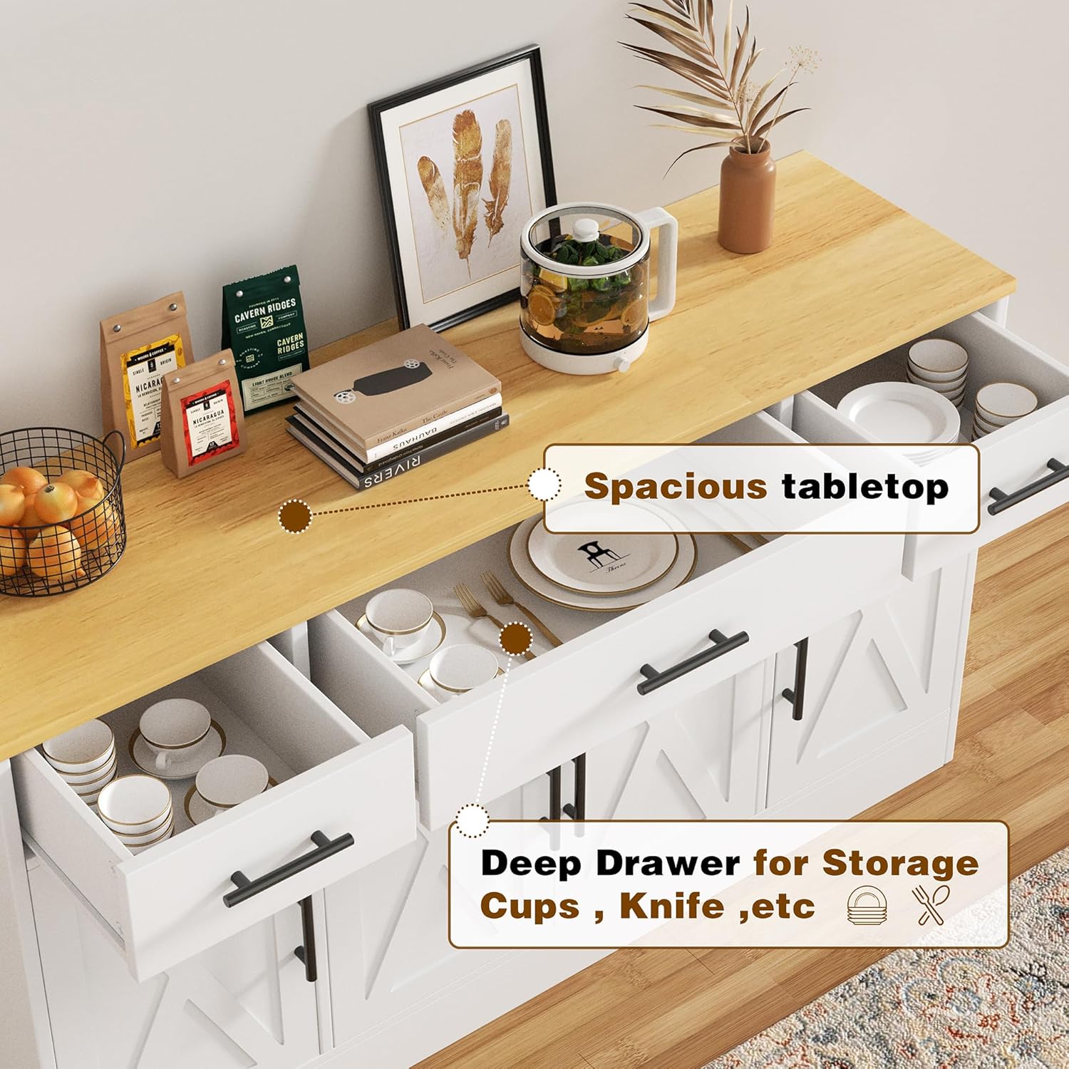 Vongrasig Armario grande de 53 pies con 4 puertas y 3 cajones, mesa de buffet de granja, gabinete de almacenamiento de cocina, mesa de buffet de madera para cocina, comedor