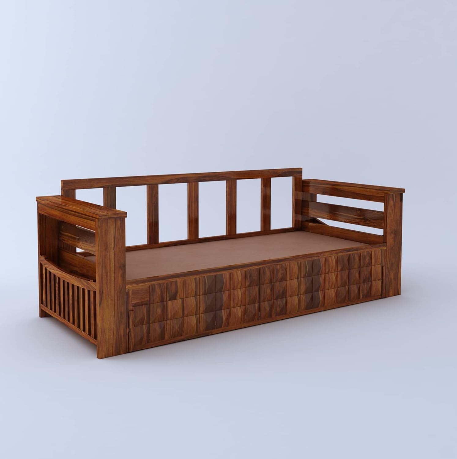 Ganpati Arts Sheesham Wood Diamond 3 Seater Sofa Cum Bed With Floral Fabric&Side Pocket For Bedroom Wooden Bedroom Furniture For Home Living Room(Natural Finish)1 Year Warranty,Brown