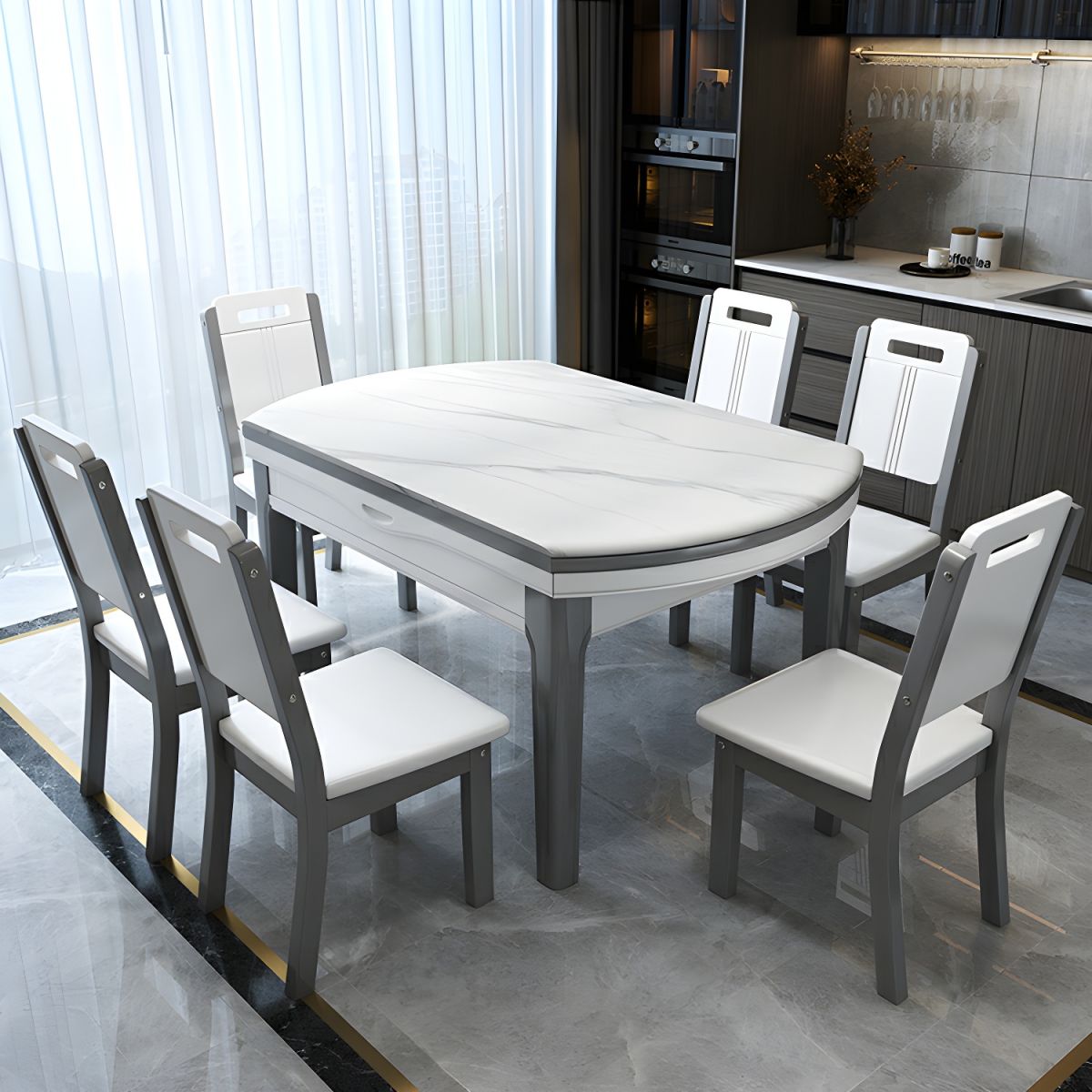 🔥【The last 8 sets】🔥(1 table and 6 chairs)👉Elegant Round White Marble Dining Table with Legs - Extendable and Scratch Resistant - Walnut 53.1_L x 33.5_W x 29.9_H