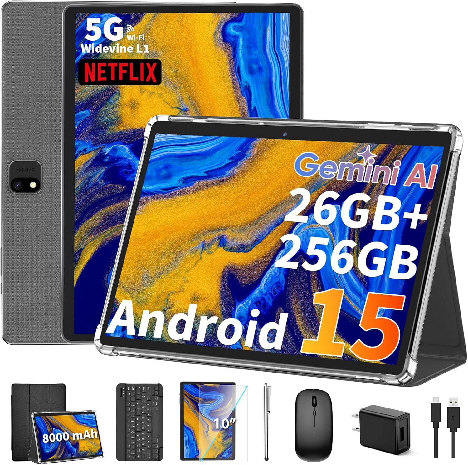 😍【The last chance in 2025】 2025 Android 15 tablet with keyboard, 26GB+256GB+2TB Expand, 10 inch 2-in-1 Tablets with 8-Core, 5G WiFi, 8000mAh, BT5.0, 5MP+13MP, GMS, GPS, Widevine L1, Tablet PC with Mouse, Case, Stylus (Silver)