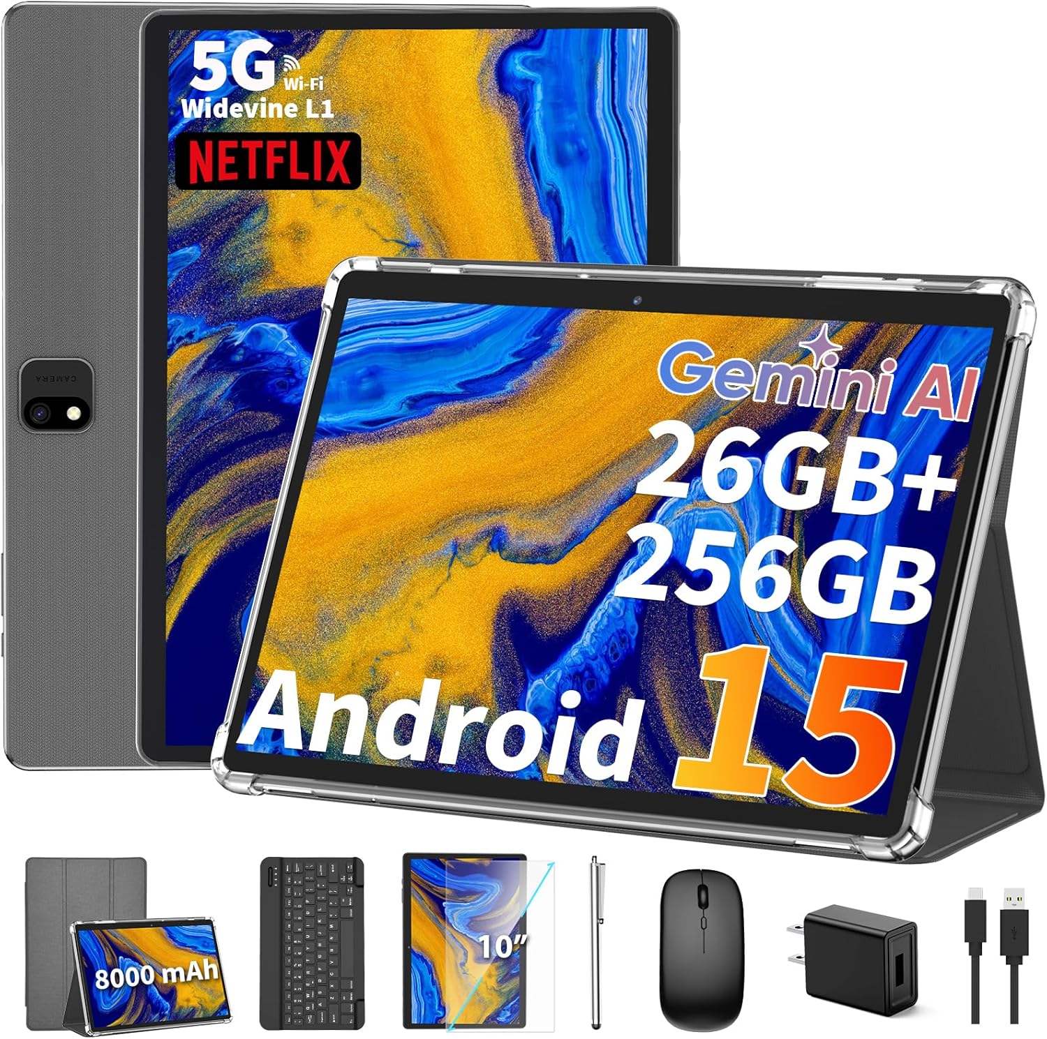 😍【The last chance in 2025】 2025 Android 15 tablet with keyboard, 26GB+256GB+2TB Expand, 10 inch 2-in-1 Tablets with 8-Core, 5G WiFi, 8000mAh, BT5.0, 5MP+13MP, GMS, GPS, Widevine L1, Tablet PC with Mouse, Case, Stylus (Silver)