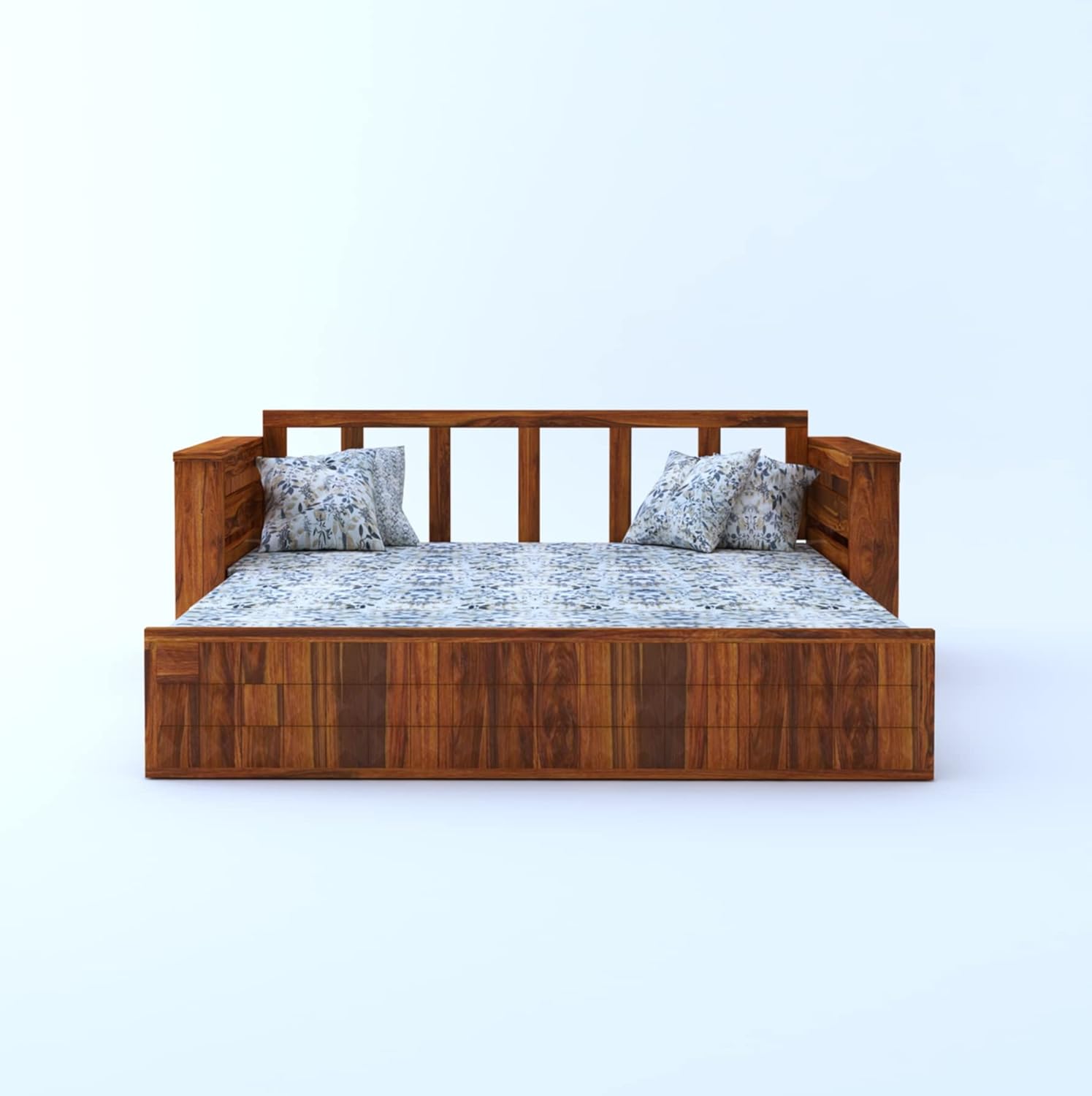 Ganpati Arts Sheesham Wood Diamond 3 Seater Sofa Cum Bed With Floral Fabric&Side Pocket For Bedroom Wooden Bedroom Furniture For Home Living Room(Natural Finish)1 Year Warranty,Brown