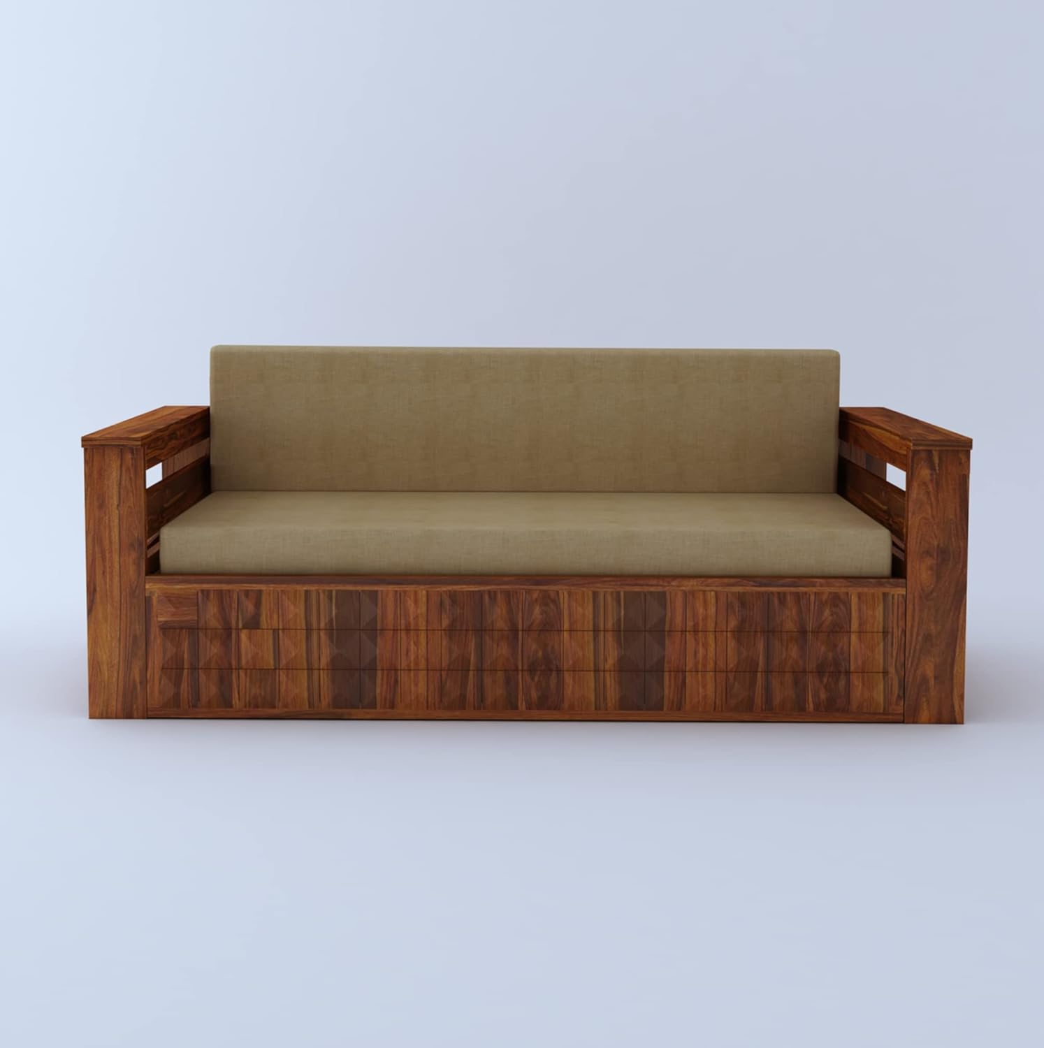 Ganpati Arts Sheesham Wood Diamond 3 Seater Sofa Cum Bed With Floral Fabric&Side Pocket For Bedroom Wooden Bedroom Furniture For Home Living Room(Natural Finish)1 Year Warranty,Brown