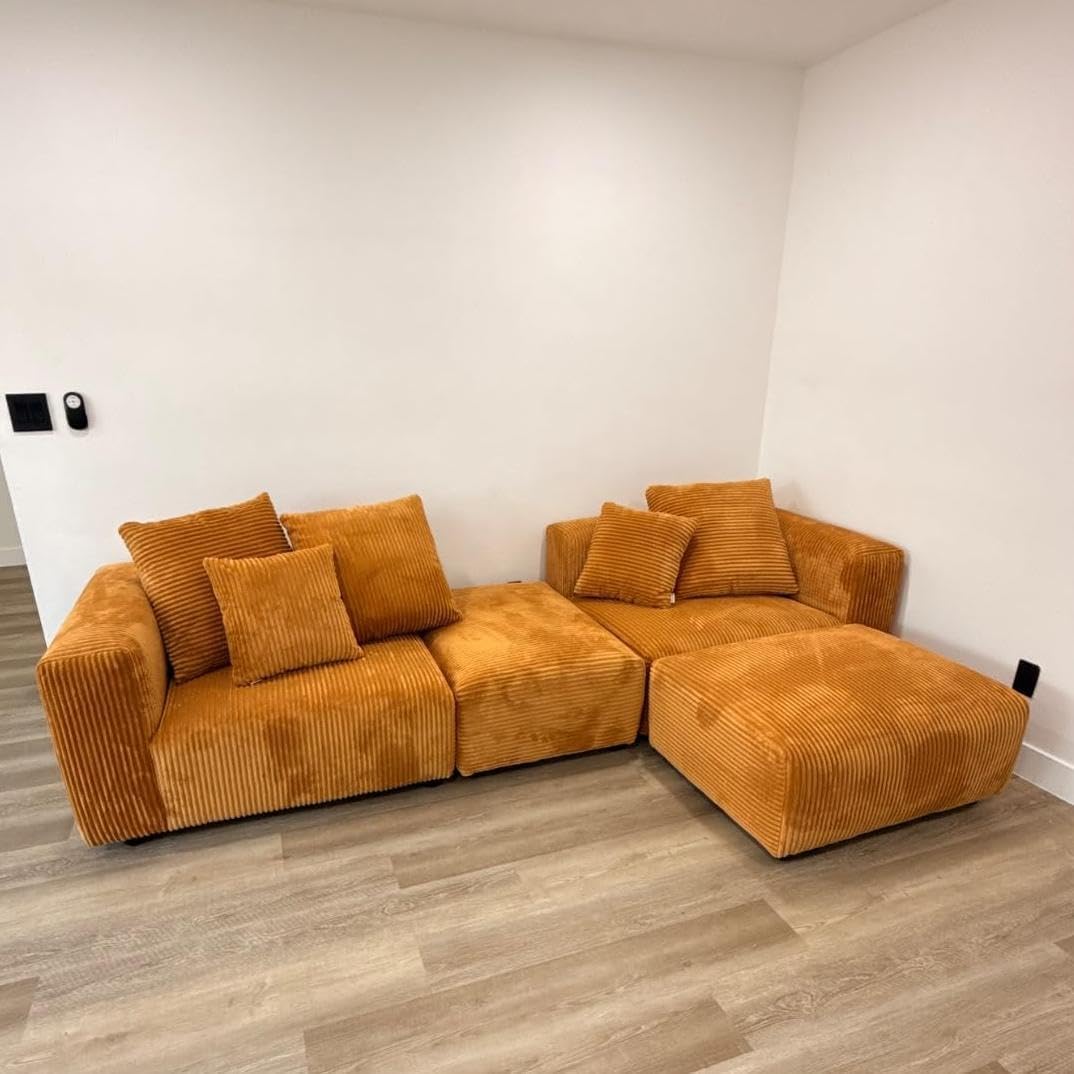 🔥 Acanva Convertible Modular Sectional Sofa with Movable Ottomans, Free Combination Corduroy Couch for Living Room Apartments, L-Shaped, White