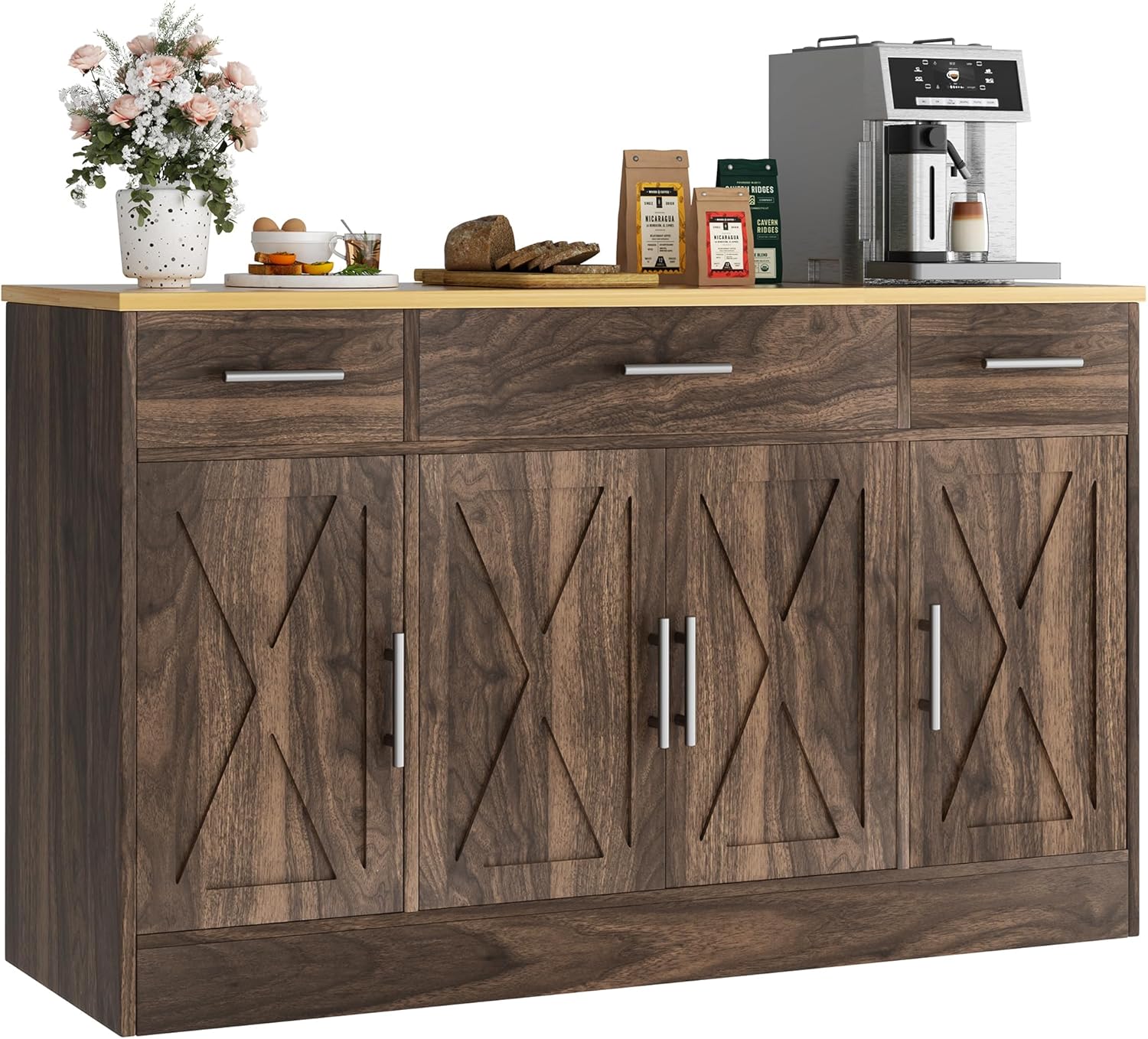 Vongrasig Armario grande de 53 pies con 4 puertas y 3 cajones, mesa de buffet de granja, gabinete de almacenamiento de cocina, mesa de buffet de madera para cocina, comedor