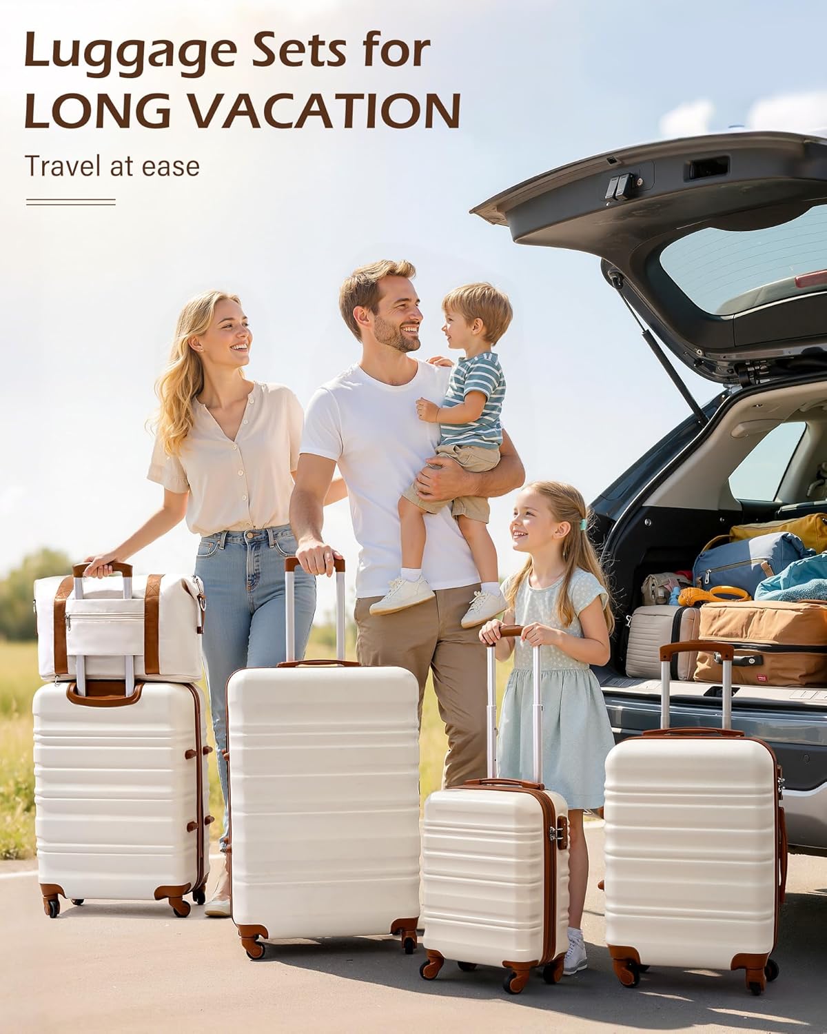 （Buy 1 Get 1 Free）LONG VACATION 6 Piece Luggage Set Carry on Suitcase with ABS+PC hardshell, Spinner Wheels & YKK Zipper TSA Lock (WHITE-BROWN, 6 piece set)
