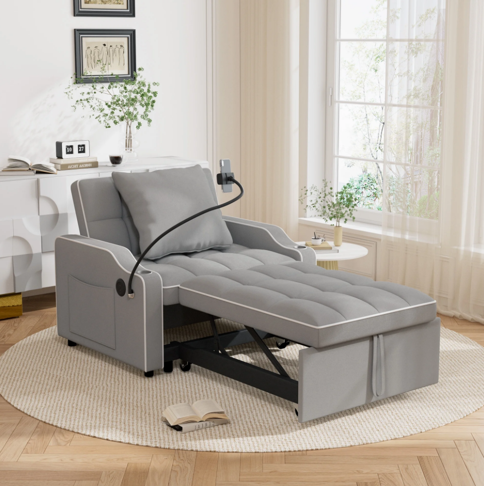 🔥Muumblus 4-in-1 Convertible Sleeper Sofa Chair Bed with USB Port, Cup Holders