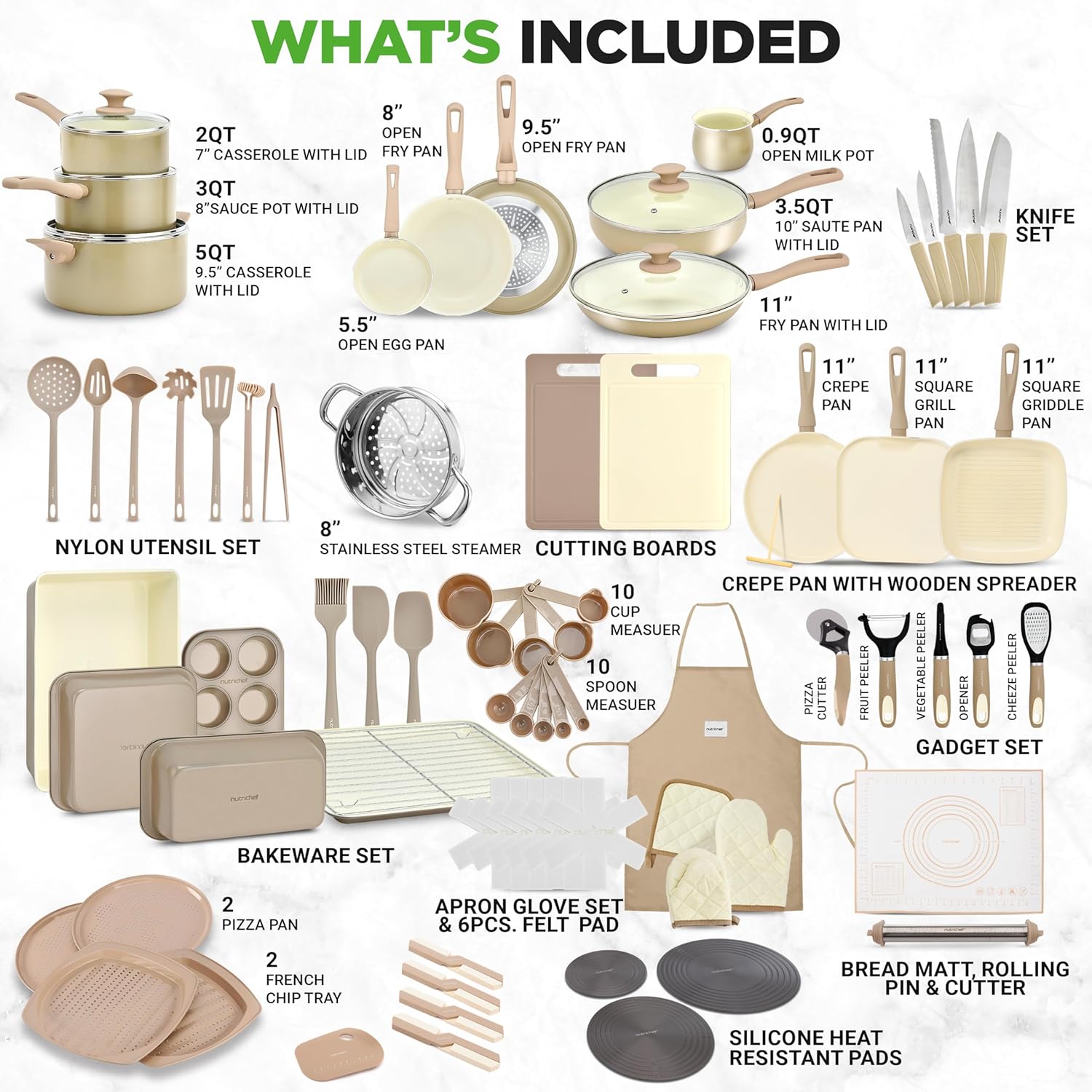 🔥🔥NutriChef 75-Piece Non-Stick Pots and Pans Set, Complete Ceramic Cookware Set with Bakeware, Utensils, Knife Set, & Accessories, Stain-Resistant, Food-Grade Safe, Cream/Brown