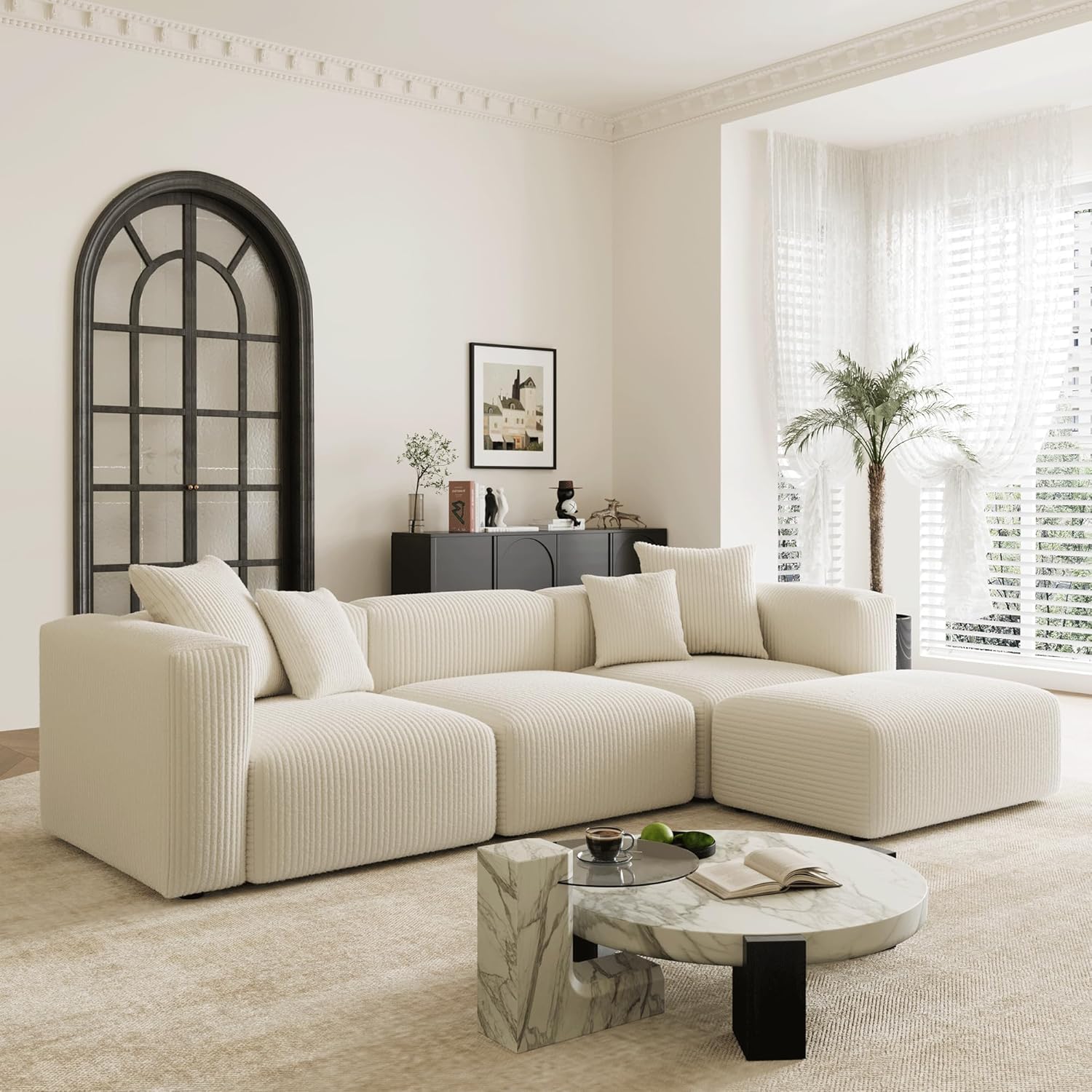 🔥 Acanva Convertible Modular Sectional Sofa with Movable Ottomans, Free Combination Corduroy Couch for Living Room Apartments, L-Shaped, White