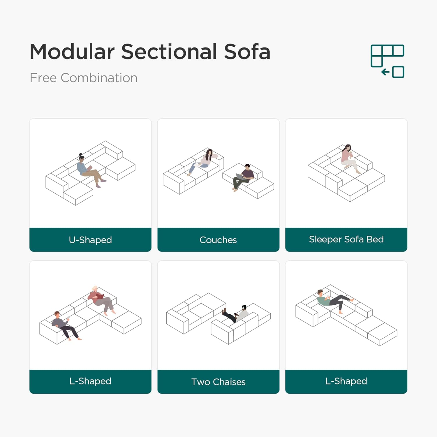 🔥 Acanva Convertible Modular Sectional Sofa with Movable Ottomans, Free Combination Corduroy Couch for Living Room Apartments, L-Shaped, White