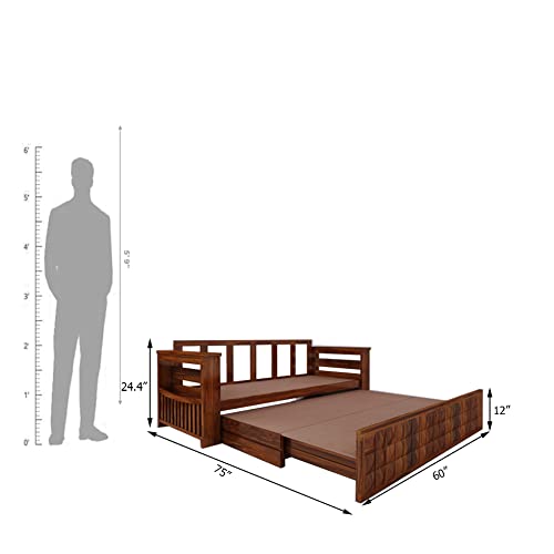 Ganpati Arts Sheesham Wood Diamond 3 Seater Sofa Cum Bed With Floral Fabric&Side Pocket For Bedroom Wooden Bedroom Furniture For Home Living Room(Natural Finish)1 Year Warranty,Brown