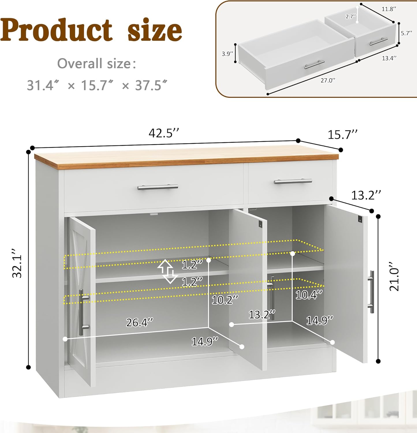 Vongrasig Armario grande de 53 pies con 4 puertas y 3 cajones, mesa de buffet de granja, gabinete de almacenamiento de cocina, mesa de buffet de madera para cocina, comedor