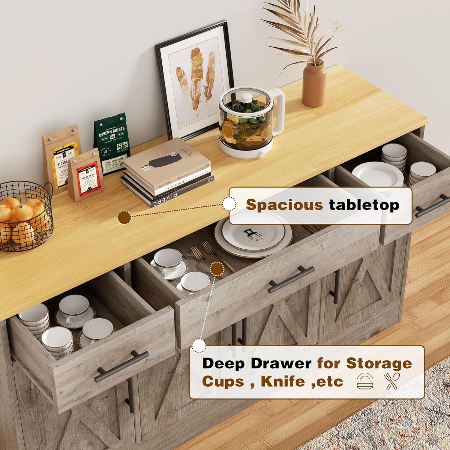 Vongrasig Armario grande de 53 pies con 4 puertas y 3 cajones, mesa de buffet de granja, gabinete de almacenamiento de cocina, mesa de buffet de madera para cocina, comedor