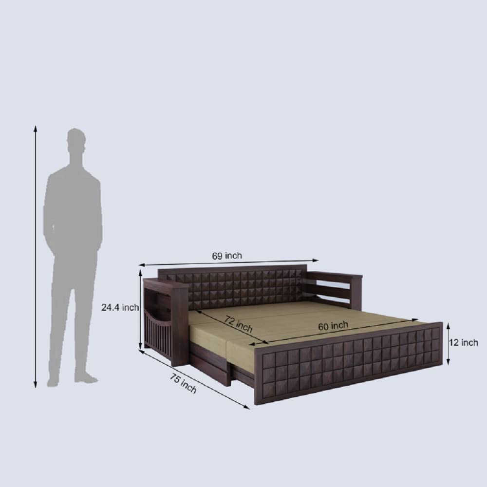 Ganpati Arts Sheesham Wood Diamond 3 Seater Sofa Cum Bed With Floral Fabric&Side Pocket For Bedroom Wooden Bedroom Furniture For Home Living Room(Natural Finish)1 Year Warranty,Brown