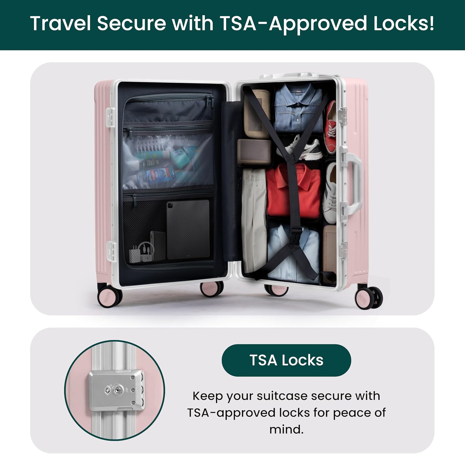 🔥【Buy 1 Get 1 Free】Nobl Travel Carry On Luggage, Noble Zipperless Aluminum Frame PC Hard Shell Suitcase, 22.5x15x9.5 Airline Approved, 360° Spinner Wheels, TSA Locks, USB Charging Port, Cup & Phone Holder - Pink