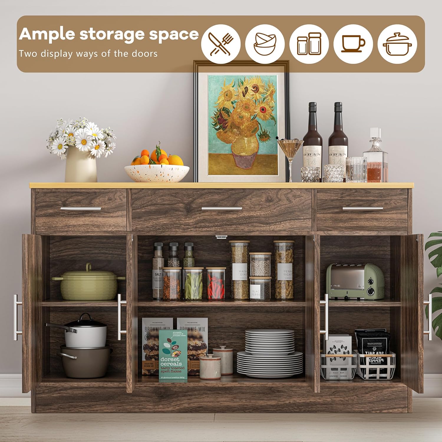 Vongrasig Armario grande de 53 pies con 4 puertas y 3 cajones, mesa de buffet de granja, gabinete de almacenamiento de cocina, mesa de buffet de madera para cocina, comedor