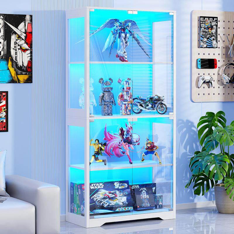 🎉Last day factory direct sales🔥Display Cabinet with Glass Doors, Storage Cabinet with 3 Color Light, 4-Tier Curio Cabinet Bookcase for Collectibles, Toys, Books, for Playroom, Bedroom, Study Room