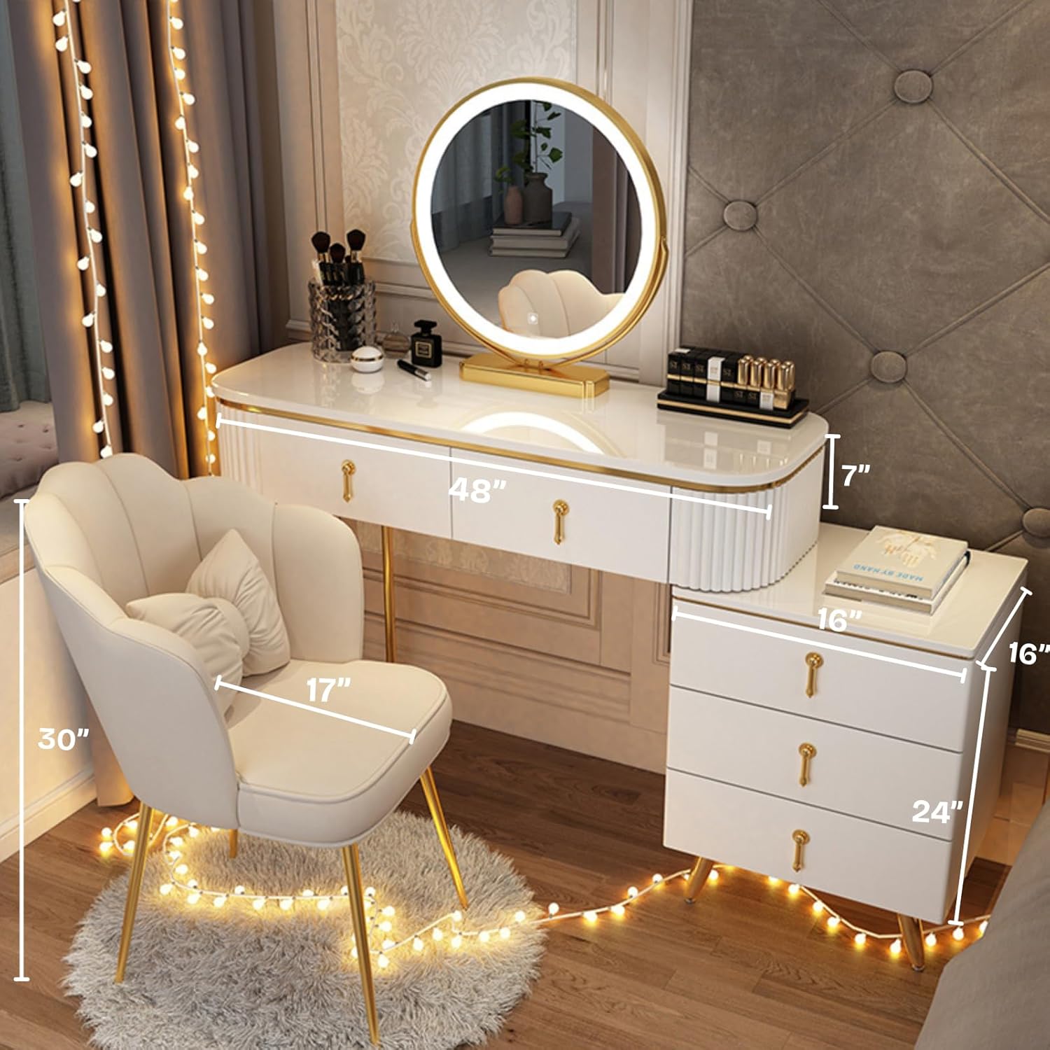 🔥🔥🔥(Buy 1 Get 1 Free)DEVLOIVI Makeup Vanity Desk, Modern Vanity Set with LED Smart Mirror and Makeup Chair, Luxury Dressing Table Include Smooth Slate Countertop and Side Cabinet with Drawers