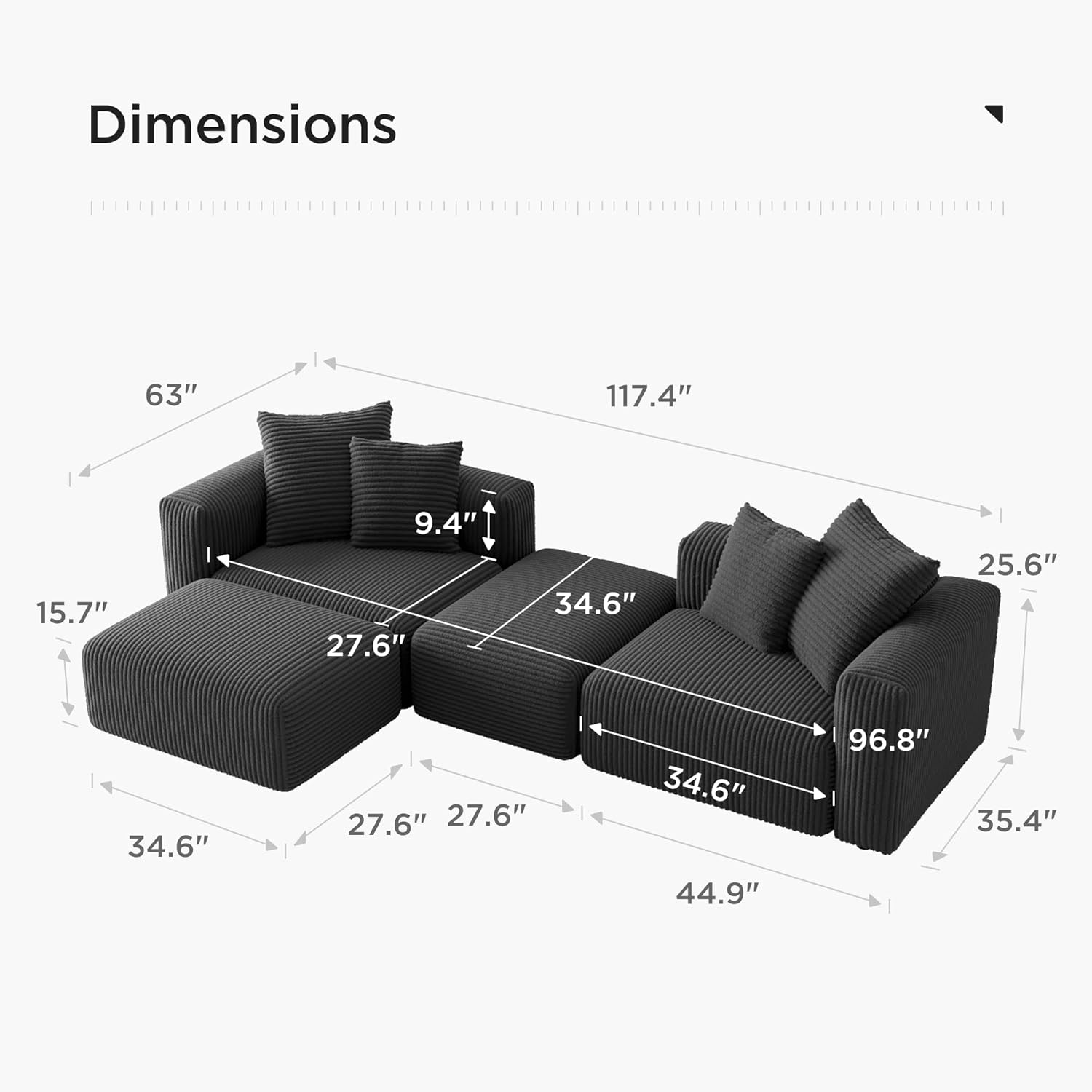 🔥 Acanva Convertible Modular Sectional Sofa with Movable Ottomans, Free Combination Corduroy Couch for Living Room Apartments, L-Shaped, White