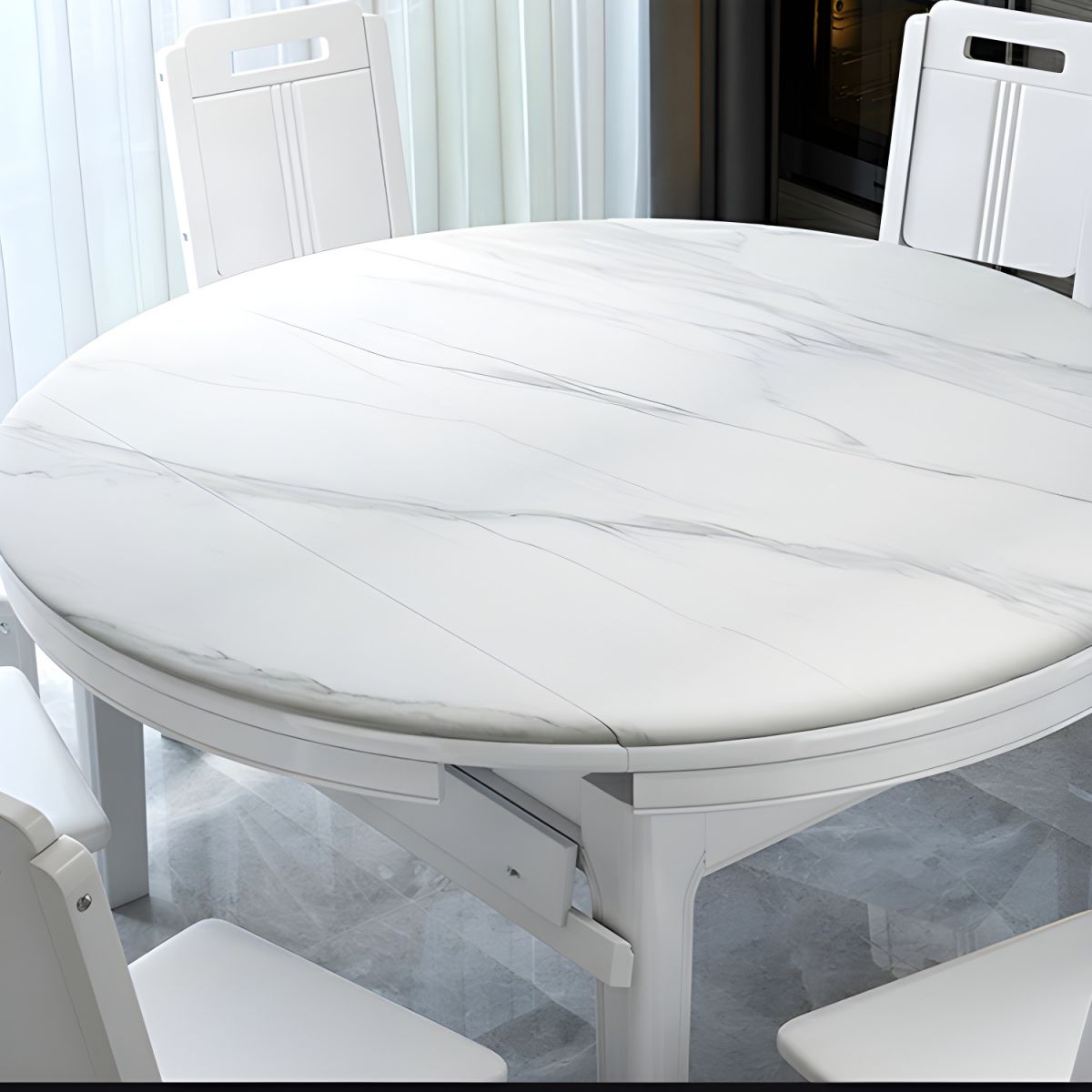 🔥【The last 8 sets】🔥(1 table and 6 chairs)👉Elegant Round White Marble Dining Table with Legs - Extendable and Scratch Resistant - Walnut 53.1_L x 33.5_W x 29.9_H