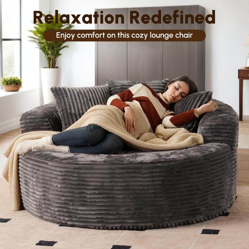 ✨【Autumn Special】 59" Wide Extra Large Round Sofa Bed - Fluffy Bean Bag, Modern Deep Seating Sofa, Comfortable Relaxation, Plush Corduroy Fabric, Includes 3 Pillows, No Assembly Required