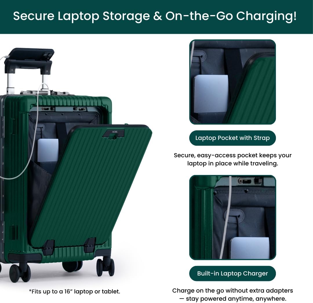 🔥【Buy 1 Get 1 Free】Nobl Travel Carry On Luggage, Noble Zipperless Aluminum Frame PC Hard Shell Suitcase, 22.5x15x9.5 Airline Approved, 360° Spinner Wheels, TSA Locks, USB Charging Port, Cup & Phone Holder - Pink