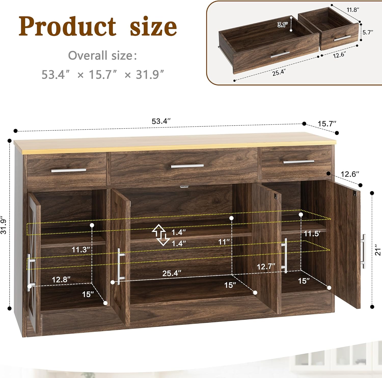 Vongrasig Armario grande de 53 pies con 4 puertas y 3 cajones, mesa de buffet de granja, gabinete de almacenamiento de cocina, mesa de buffet de madera para cocina, comedor