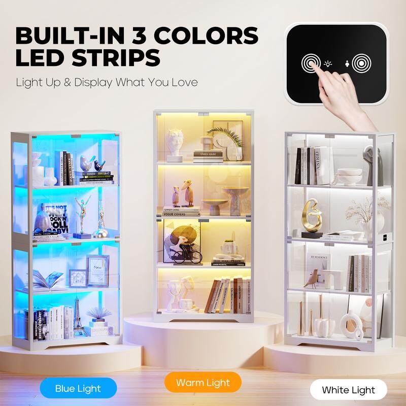 🎉Last day factory direct sales🔥Display Cabinet with Glass Doors, Storage Cabinet with 3 Color Light, 4-Tier Curio Cabinet Bookcase for Collectibles, Toys, Books, for Playroom, Bedroom, Study Room