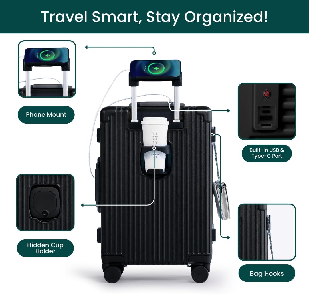 🔥【Buy 1 Get 1 Free】Nobl Travel Carry On Luggage, Noble Zipperless Aluminum Frame PC Hard Shell Suitcase, 22.5x15x9.5 Airline Approved, 360° Spinner Wheels, TSA Locks, USB Charging Port, Cup & Phone Holder - Pink