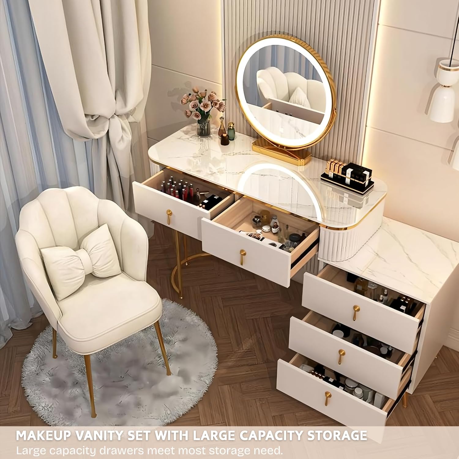 🔥🔥🔥(Buy 1 Get 1 Free)DEVLOIVI Makeup Vanity Desk, Modern Vanity Set with LED Smart Mirror and Makeup Chair, Luxury Dressing Table Include Smooth Slate Countertop and Side Cabinet with Drawers