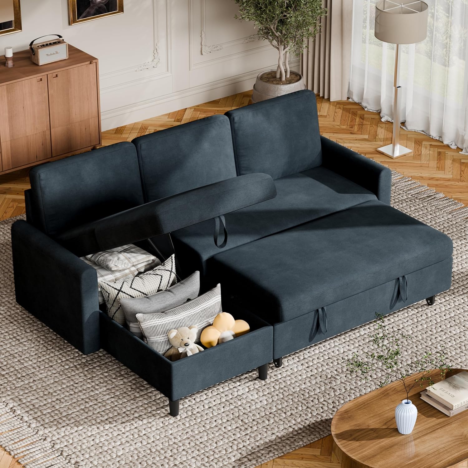 🎉Recommended Products🎉Vongrasig Sectional Sleeper Sofa, Pull Out Couch Bed with Storage, 2 in 1 L-Shaped Sofa Bed with Storage Chaise Linen Fabric for Living Room, Apartment, Small Space, Dark Grey