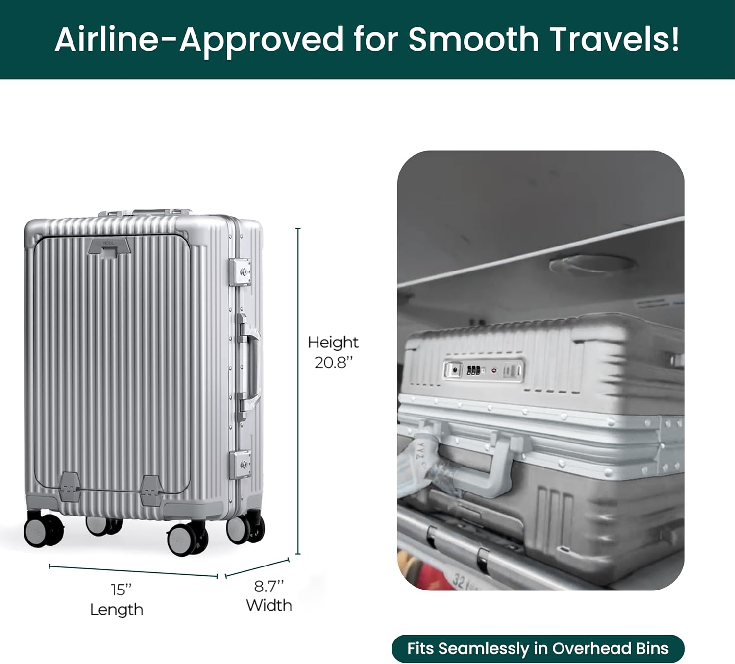 🔥【Buy 1 Get 1 Free】Nobl Travel Carry On Luggage, Noble Zipperless Aluminum Frame PC Hard Shell Suitcase, 22.5x15x9.5 Airline Approved, 360° Spinner Wheels, TSA Locks, USB Charging Port, Cup & Phone Holder - Pink