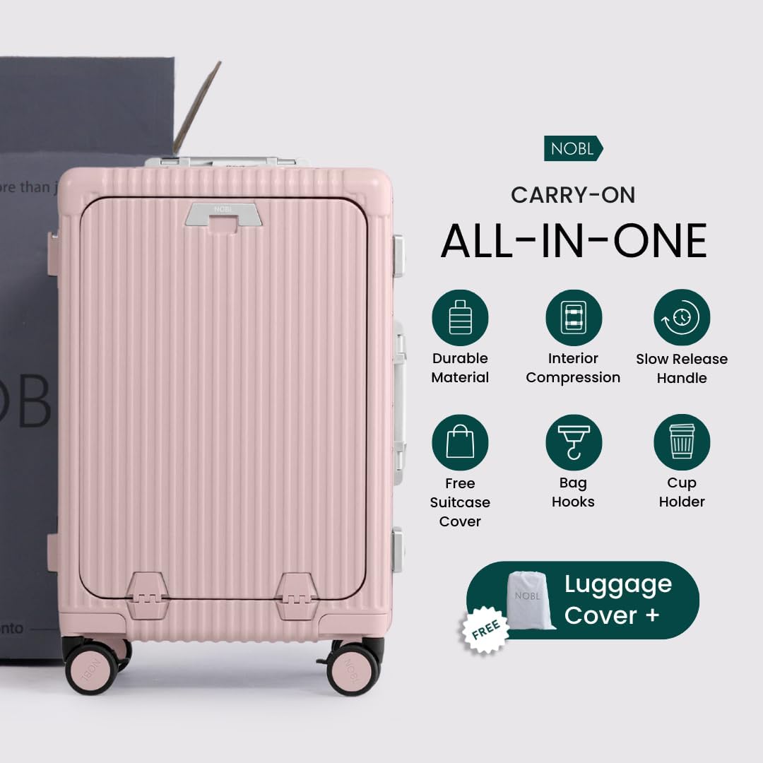 🔥【Buy 1 Get 1 Free】Nobl Travel Carry On Luggage, Noble Zipperless Aluminum Frame PC Hard Shell Suitcase, 22.5x15x9.5 Airline Approved, 360° Spinner Wheels, TSA Locks, USB Charging Port, Cup & Phone Holder - Pink